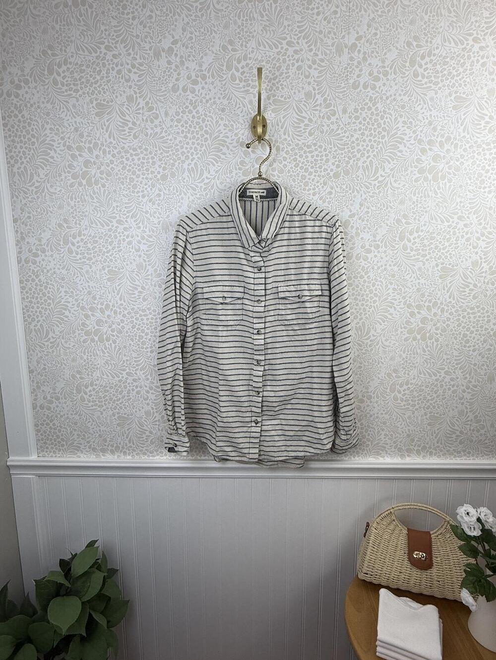 Toad&Co Cream and Blue Striped Organic Cotton Button-Up Shirt - Size - Medium